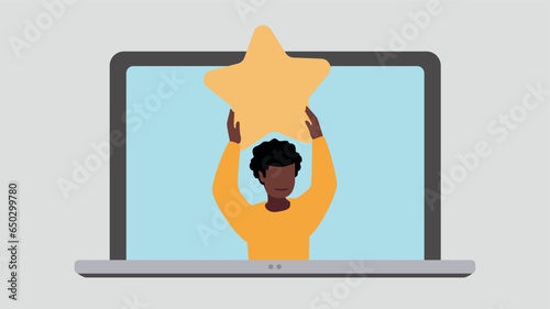 Laptop display with satisfied customer holding up a star