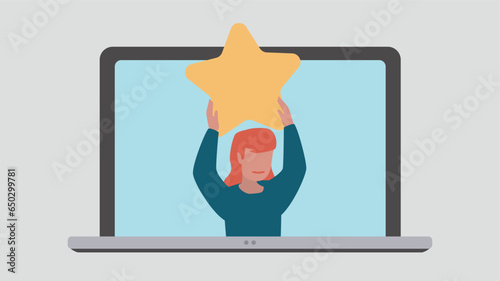 Laptop display with satisfied customer holding up a star