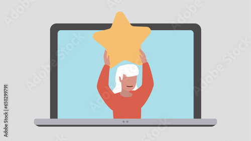 Laptop display with satisfied customer holding up a star