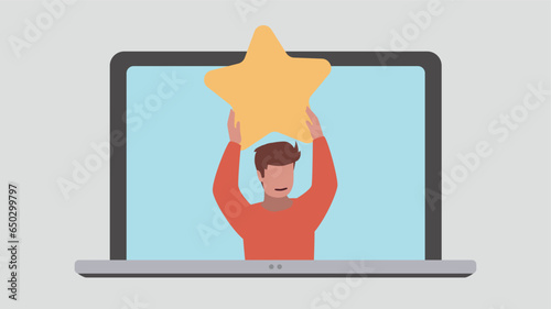 Laptop display with satisfied customer holding up a star