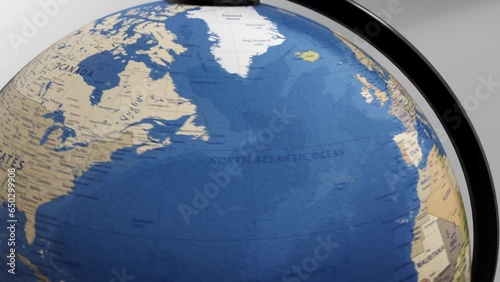 Atlas map of the world globe spinning zooming in and focusing on the country of Canada, canadian. Showing area, motion video stock in HD and 4K 