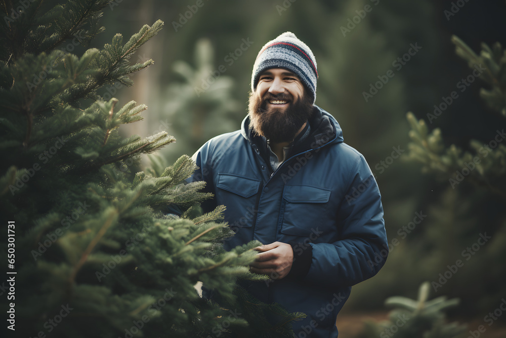 Bearded man on a beanie choosing a Christmas tree for christmas