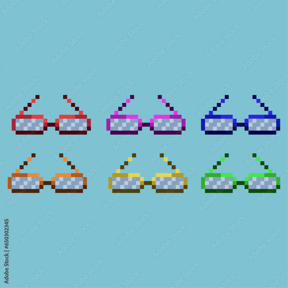 Pixel art sets of glasses with variation color item asset. simple bits of glasses on pixelated style 8bits perfect for game asset or design asset element for your game design asset