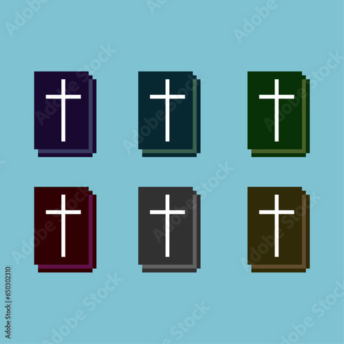 Pixel art sets of sign cross book with variation color item asset. simple bits of book religion on pixelated style 8bits perfect for game asset or design asset element for your game design asset