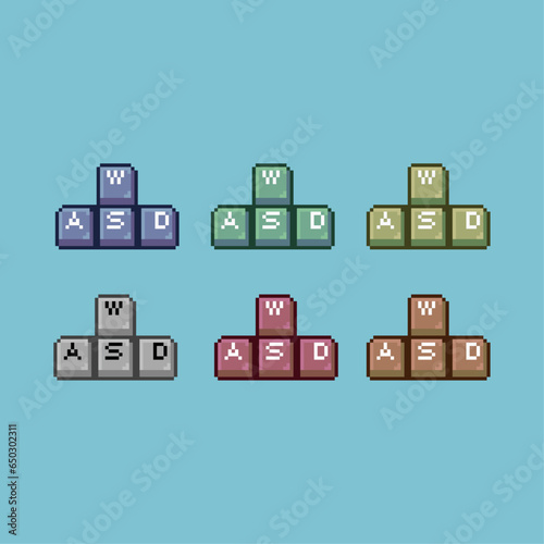 Pixel art sets of wasd keyboard with variation color item asset. simple bits of wasd key on pixelated style 8bits perfect for game asset or design asset element for your game design asset