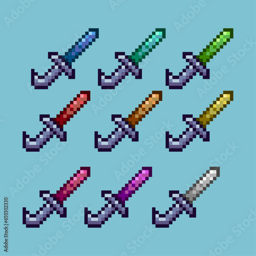Pixel art sets of dagger weapon with variation color item asset. simple bits of weapon dagger melee on pixelated style 8bits perfect for game asset or design asset element for your game design asset