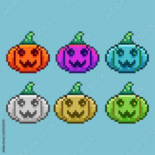 Pixel art sets of pumkin face with variation color item asset. simple bits of halloween pumkin scary on pixelated style 8bits perfect for game asset or design asset element for your game design asset © Andra209