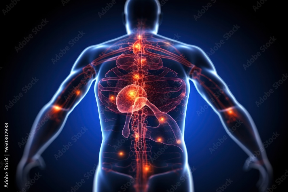 Details of pain highlighted in persons body. Medical concept with areas of pain, brain, chest, pancreas, heart, spline, spine Details of pain highlighted in persons body. Medical concept with areas of pain, brain, chest, pancreas, heart, spline, spine