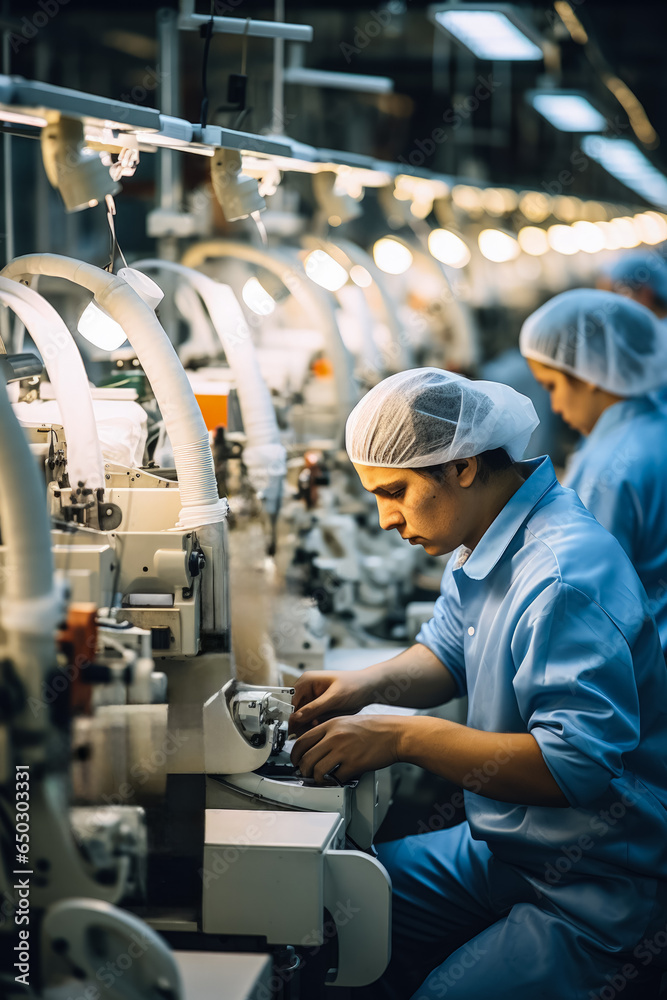 Employees diligently operating complex machinery in a busy textile mill Employees diligently operating complex machinery in a busy textile mill