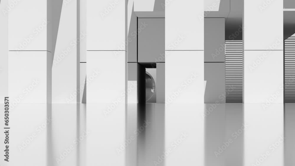 3d render monochrome video animation with surreal part of exterior building structure with white flat cubes rectangle blocks colones in white concrete material with silver mirror effect sphere ball 3d render monochrome video animation with surreal part of exterior building structure with white flat cubes rectangle blocks colones in white concrete material with silver mirror effect sphere ball