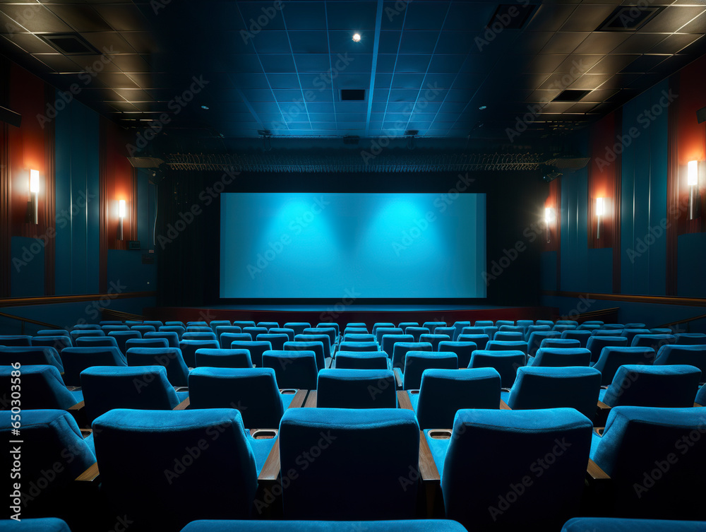 Detailed illustration of cinema interior in blue color. Empty cinema interior waiting for moviegoers. Luxury cinema interior lighting.