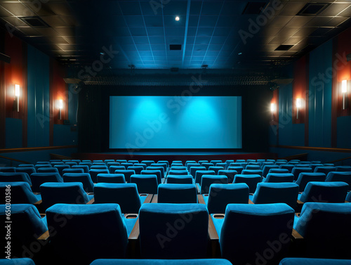 Detailed illustration of cinema interior in blue color. Empty cinema interior waiting for moviegoers. Luxury cinema interior lighting.