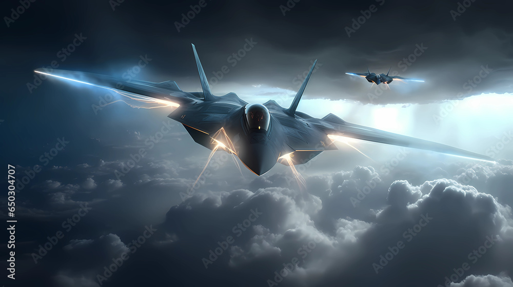 Futuristic fighter jets slicing through a dense layer of cumulonimbus