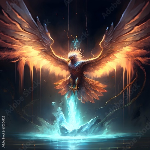 image of a Phoenix bird with fire and flashs of electricity all around him with wings of bright laser with his rflexion in the water of a big fountain full of electricity  photo
