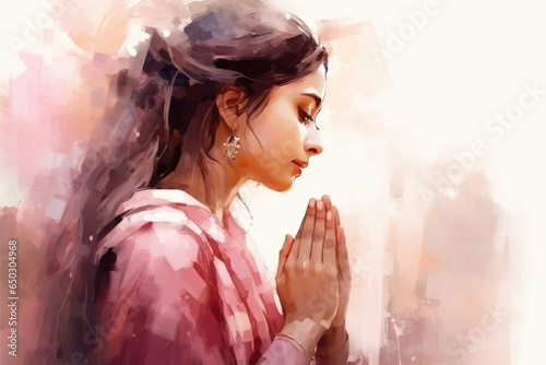 Indian woman in pink sari cloth praying, greeting diwali watercolour