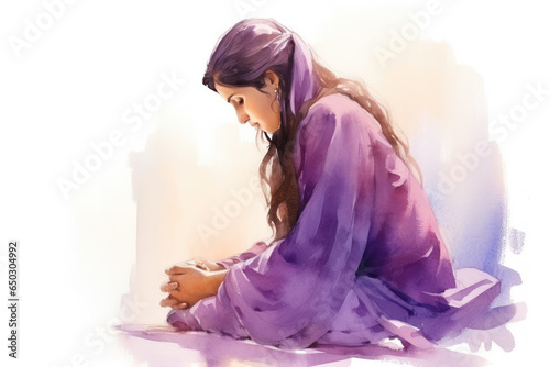 Indian woman in purple sari cloth praying, greeting diwali watercolour