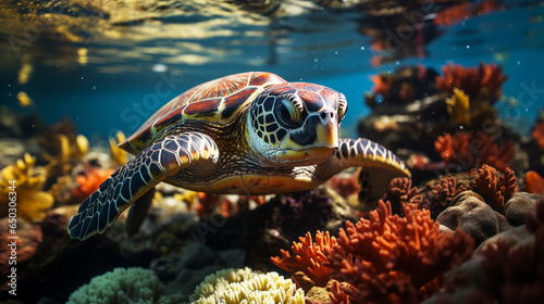 A turtle at the bottom of the sea and crystal clear water