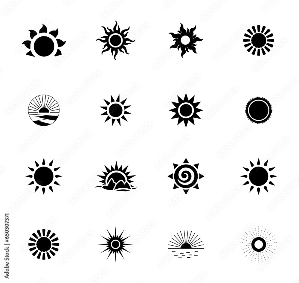 Sun Vector Illustration Clip Art Big Collection, Free Sun Design. Sun Element Isolated Set. Sunlight, Sun Light Shape, Heat Abstract Badge.