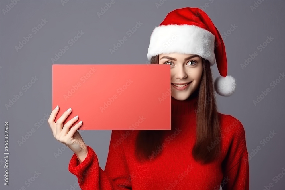 Woman in red Santa suit with Santa hat holding white blank card. Christmas banner, advertising background, copy space. Woman in red Santa suit with Santa hat holding white blank card. Christmas banner, advertising background, copy space.