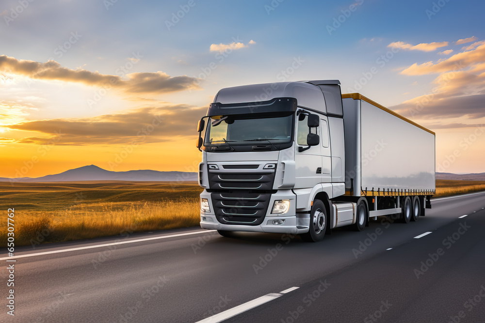 Cross-country truck hauling cargo isolated on a highway gradient background Cross-country truck hauling cargo isolated on a highway gradient background