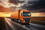 Cross-country truck hauling cargo isolated on a highway gradient background 