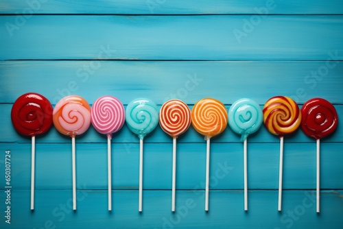 Colourful Lollipop Array on Blue.
Row of vibrant lollipops aligned on a striking blue wooden background.