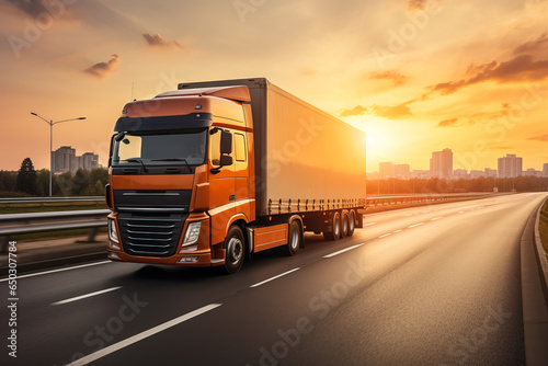 Cross-country truck hauling cargo isolated on a highway gradient background 