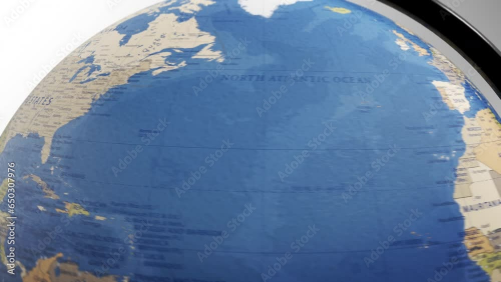 Atlas map of the world globe spinning zooming in and focusing on the country of USA, America, American, states, US, Canada. Showing area, motion video stock in HD and 4K 