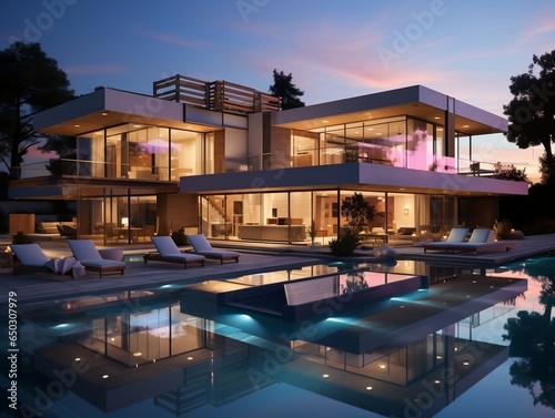 Modern luxury exterior house with pool generative ai © tanjidvect