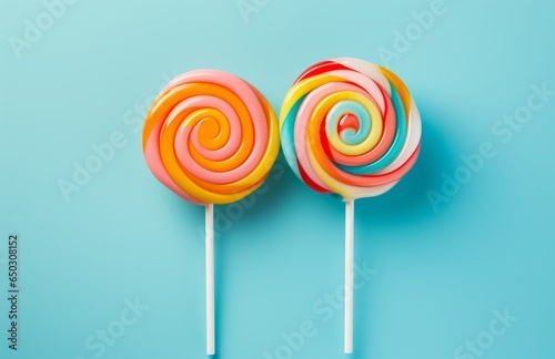 Photo of two colourful lollipops  together on a plain blue background created with Generative AI technology