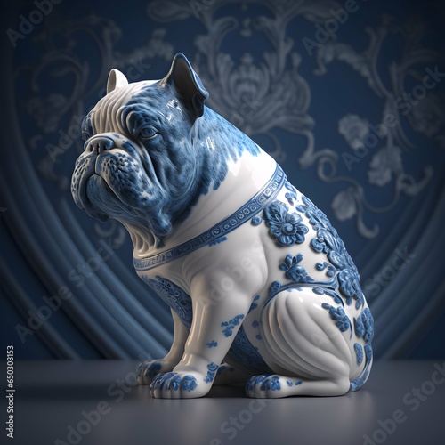 Create a hyperrealistic sculpture of a blue nose bulldog in blue and white porcelain viewed diagonally with a straighton face view incorporating elements of Baroque Rococo Cyberpunk and Chiaroscuro  photo