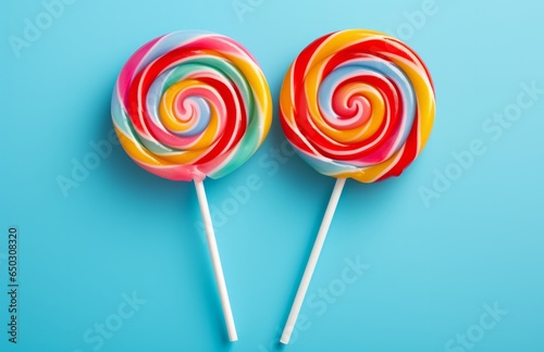Photo of two colourful lollipops  together on a plain blue background created with Generative AI technology