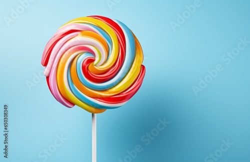 Photo of a vibrant and delicious lollipop against a vibrant blue backdrop created with Generative AI technology