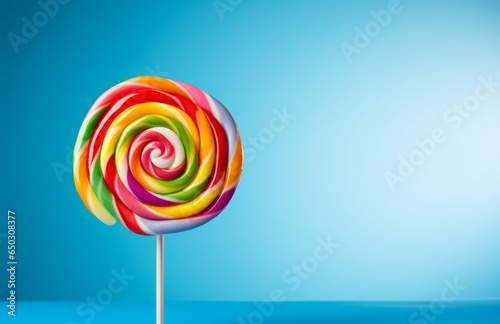 Photo of a vibrant and delicious lollipop against a vibrant blue backdrop created with Generative AI technology