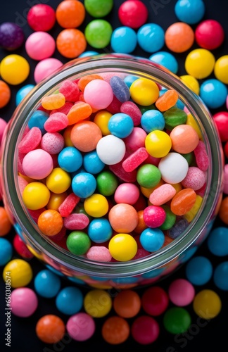 Colourful Candies in Jar Top View.
Top view of a glass jar filled with multicoloured candies on a vibrant backdrop.