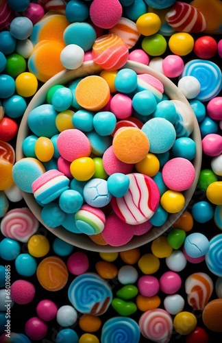Overhead View of Colourful Candy Bowl.
A bowl brimming with a mix of colourful candies and lollipops from above.