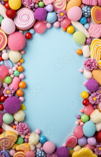 Sweet Frame Made of Colourful Candies.
A creative frame made of a colourful assortment of candies and sweets.