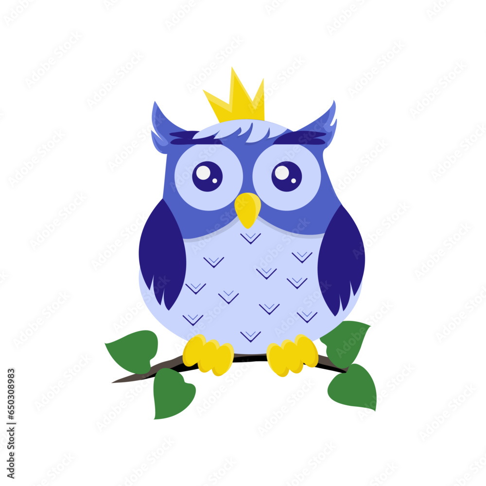 Cute colorful blue owl with a crown on its head sits on a tree branch. One from the collection for kids. Vector illustration