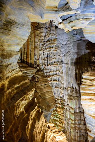 Interior of a deep cave with its columns and rock formations in Lagoa Santa in the state of Minas Gerais, Brazil