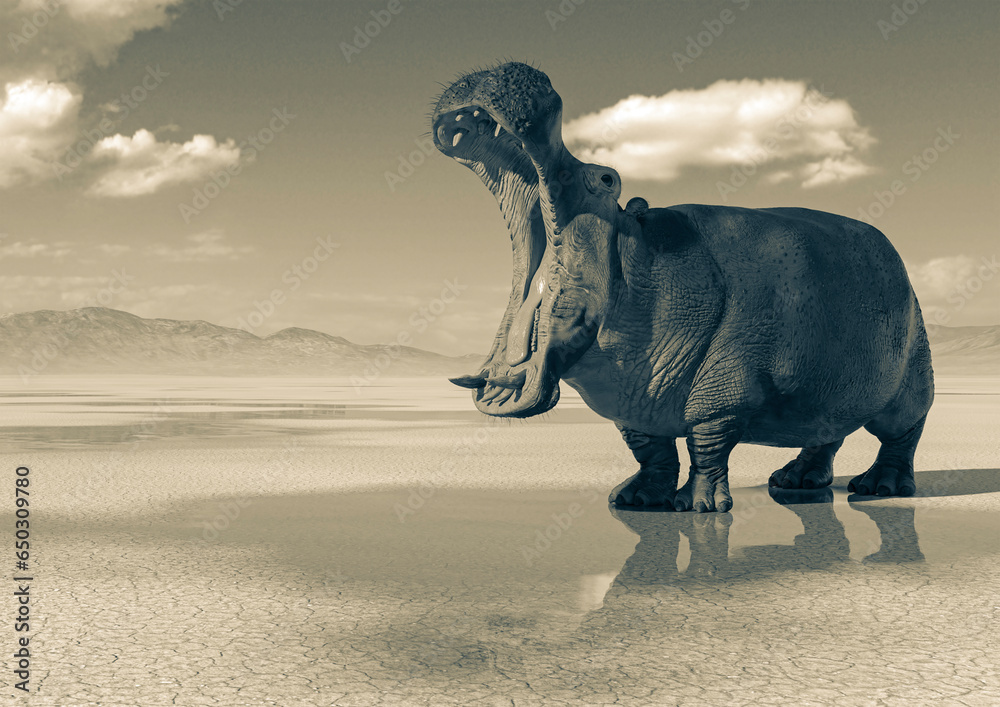 Fototapeta premium hippopotamus with open mouth in the desert after rain