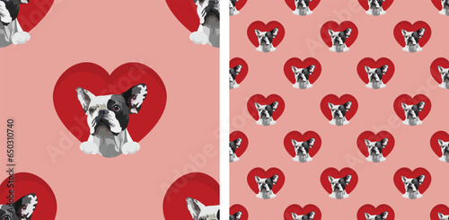 Pattern with French Bulldog with paws, Valentine's day wallpaper with hearts. Love heart with pet head holiday texture. Dog face looks out a Heart, Cartoon square red background. St Valentine's day.