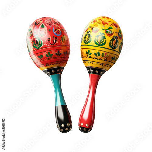 Wooden maracas with colorful drawings. Isolated on transparent background. photo