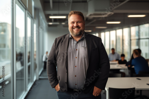 Plus size manager businessman CEO confident and standing front of modern office