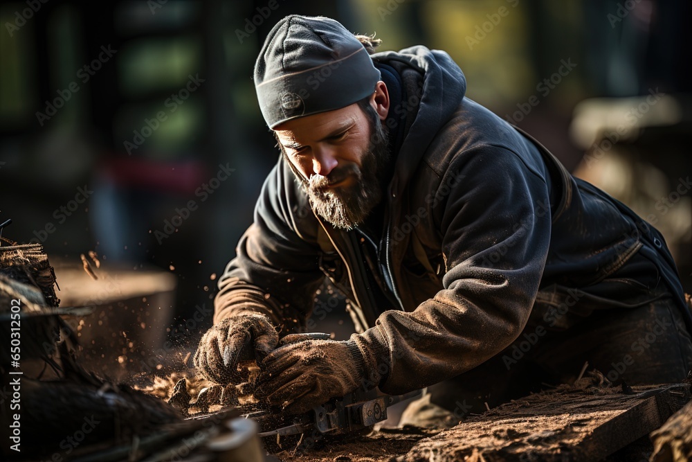 A strong forest worker in action, surrounded by timber and wood chips A strong forest worker in action, surrounded by timber and wood chips