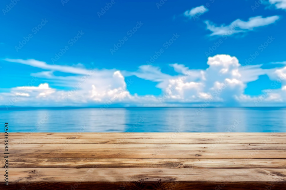 wood table top sea and beach,island and the blue sky for montage product display