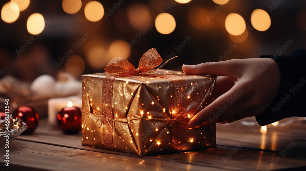 Christmas gift box and hand. Christmas Event, Surprise, Ad, Banner, Copyspace Christmas gift box and hand. Christmas Event, Surprise, Ad, Banner, Copyspace