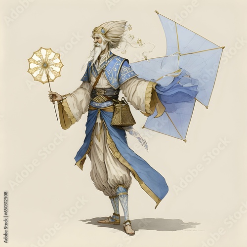 Full body Portrait Male Human Wind Mage somewhat elfin face with slightly pointed ears and chin olivetoned skin white wispy hair and wide skyblue eyes He has a very slim frame He wears a knee length  photo