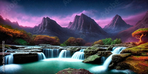 Fantasy landscape with waterfalls, panorama. Generative AI photo