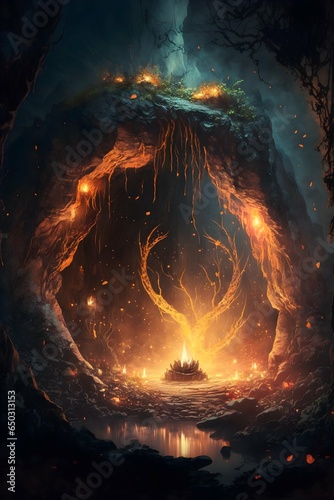 peaceful fiery cavern environment fireflies and smoke fire ritual performace highly detailed  photo