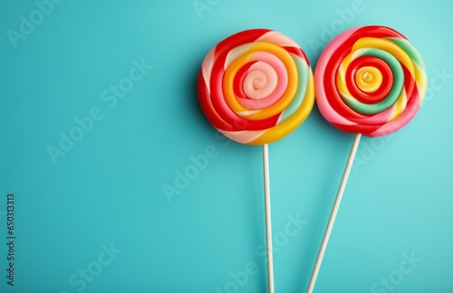 Photo of two colourful lollipops  together on a plain blue background created with Generative AI technology